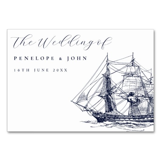 Elegant Nautical Ship Illustration Script Wedding テーブルナンバー (裏面)