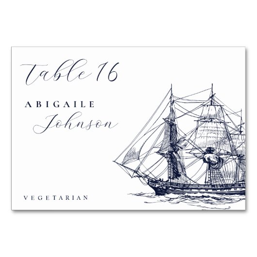 Elegant Nautical Ship Illustration Script Wedding テーブルナンバー (正面)