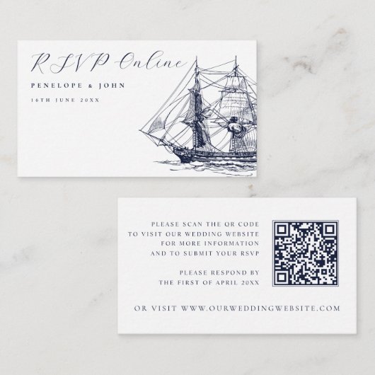 Elegant Nautical Ship Illustration Wedding Website エンクロージャーカード (正面/裏面)
