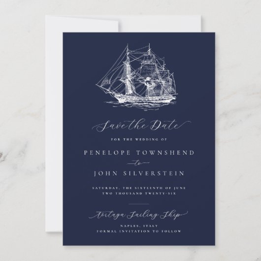 Elegant Nautical Ship Navy Blue Wedding セーブザデート (正面)