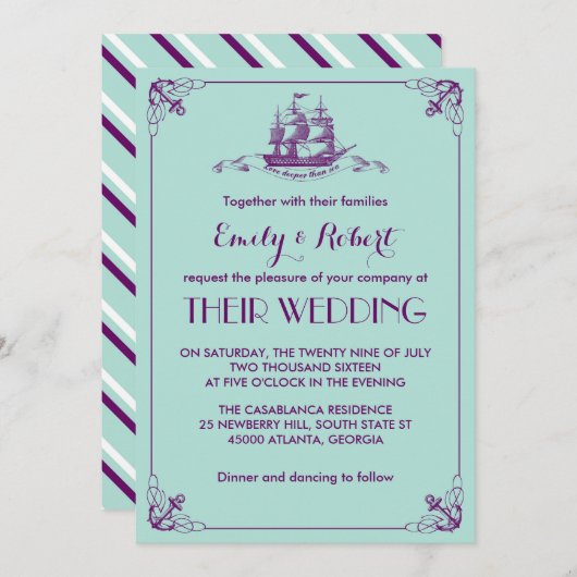 Elegant Nautical Wedding Invite Navy Blue Purple 招待状 (正面/裏面)
