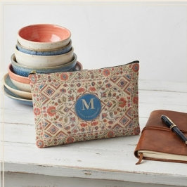 Elegant Navajo Kilim Coral Sky Blue Floral Cream アクセサリーポーチ