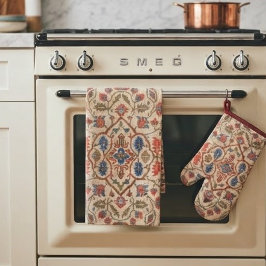 Elegant Navajo Kilim Coral Sky Blue Floral Cream キッチンタオル