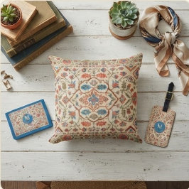 Elegant Navajo Kilim Coral Sky Blue Floral Cream クッション