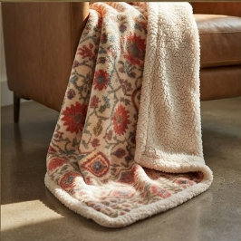 Elegant Navajo Kilim Coral Sky Blue Floral Cream シェルパブランケット