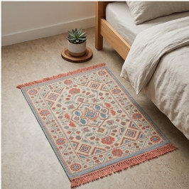 Elegant Navajo Kilim Coral Sky Blue Floral Cream スローブランケット