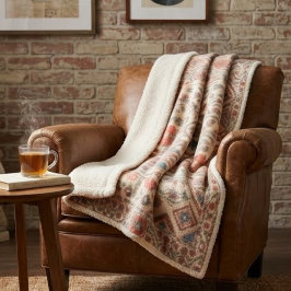 Elegant Navajo Kilim Coral Sky Blue Floral Cream フリースブランケット