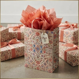 Elegant Navajo Kilim Coral Sky Blue Floral Cream ミディアムペーパーバッグ