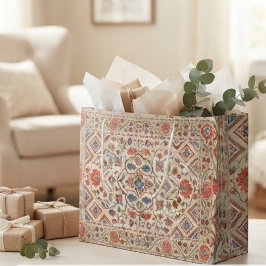 Elegant Navajo Kilim Coral Sky Blue Floral Cream ラージペーパーバッグ