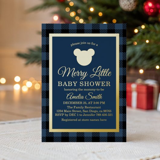 Elegant Navy and Gold Baby Shower Winter 箔招待状