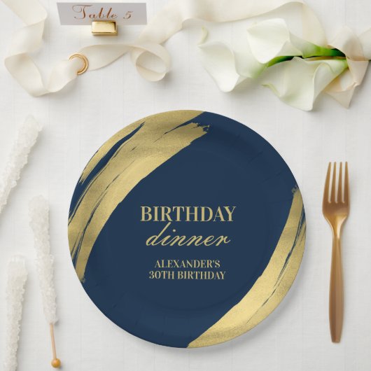 Elegant Navy and Gold Birthday Dinner Paper Plate ペーパープレート (ウェディング)