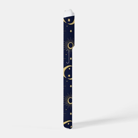 Elegant Navy and Gold Celestial Moon & Sun Pattern iPhoneケース (右側面)