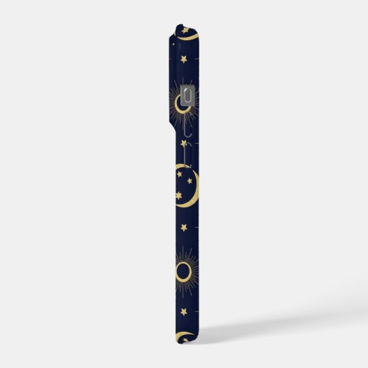 Elegant Navy and Gold Celestial Moon & Sun Pattern iPhoneケース (左側面)
