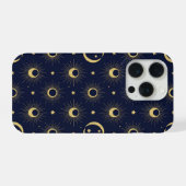 Elegant Navy and Gold Celestial Moon & Sun Pattern iPhoneケース (裏面横)