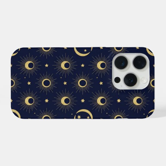 Elegant Navy and Gold Celestial Moon & Sun Pattern iPhoneケース (裏面横)
