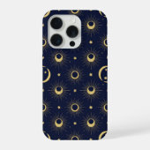 Elegant Navy and Gold Celestial Moon & Sun Pattern iPhoneケース (裏面)