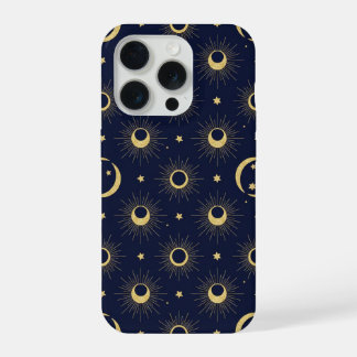 Elegant Navy and Gold Celestial Moon & Sun Pattern iPhone 15 Proケース