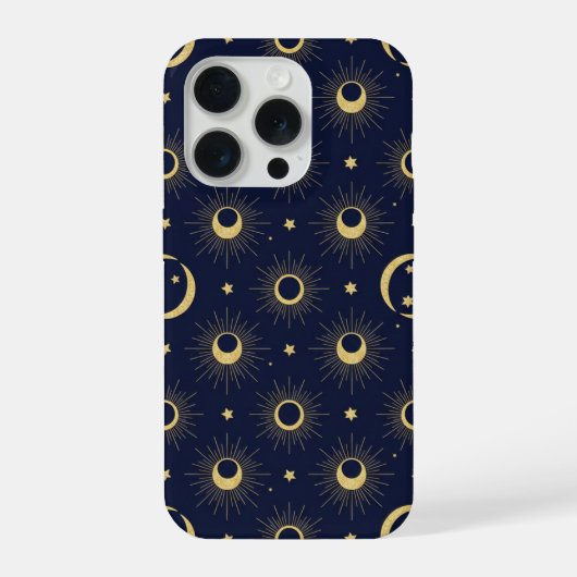 Elegant Navy and Gold Celestial Moon & Sun Pattern iPhoneケース (裏面)