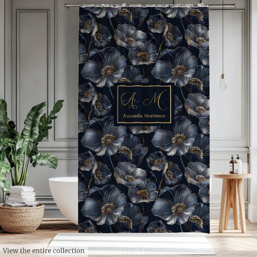Elegant Navy and Gold Floral Bathroom Decor シャワーカーテン