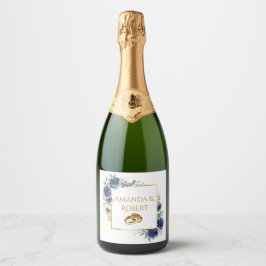 Elegant Navy and Gold Floral Sparkling Wine Label スパークリングワインラベル