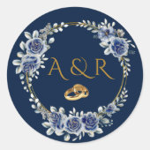Elegant Navy and Gold Floral Wedding Envelope Seal ラウンドシール (正面)