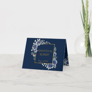Elegant Navy and Gold Floral Wedding Folded  サンキューカード