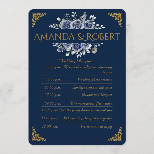 Elegant Navy and Gold Floral Wedding Program Card プログラム (正面)