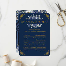 Elegant Navy and Gold Floral Wedding Program Card プログラム