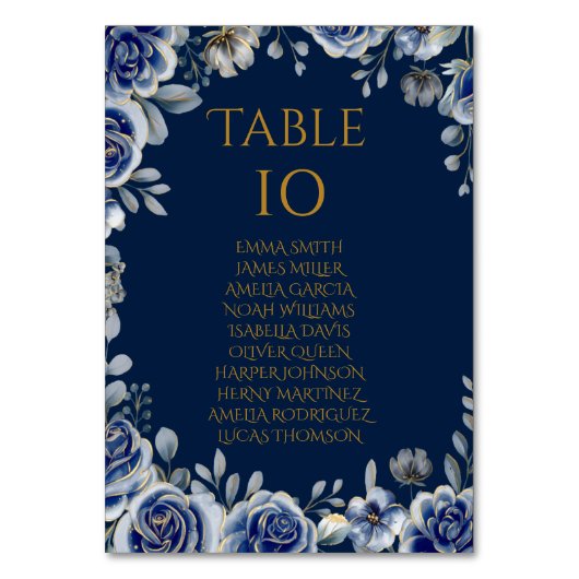 Elegant Navy and Gold Floral Wedding Table Number  テーブルナンバー (正面)