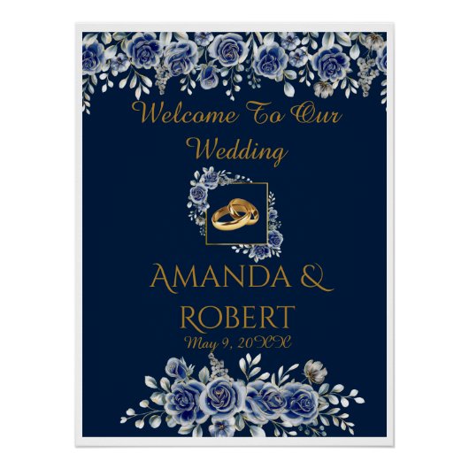 Elegant Navy and Gold Floral Wedding Welcome Sign ポスター (正面)
