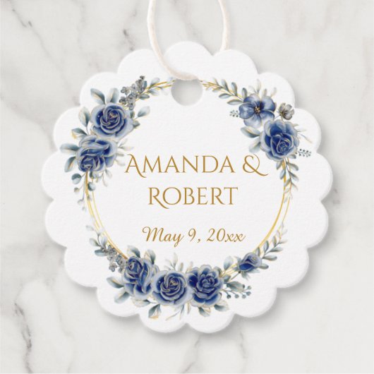 Elegant Navy and Gold Floral Wreath Wedding Favor  フェイバータグ (正面)
