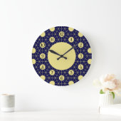 Elegant Navy and Gold Geometric Tile Pattern ラージ壁時計 (ホーム)