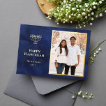 Elegant Navy and Gold Hanukkah 箔シーズンカード<br><div class="desc">Elegant Hanukkah holiday photo cards with gold foil menorah and classic typography details.</div>