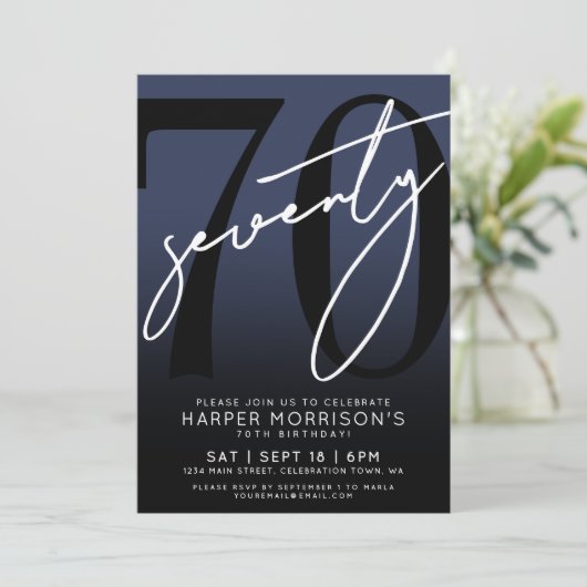 Elegant Navy Blue 70th Birthday Party 招待状 (スタンド正面)