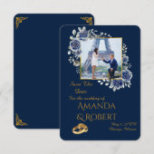 Elegant Navy Blue and Gold Floral Photo セーブザデート (正面/裏面)
