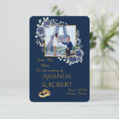 Elegant Navy Blue and Gold Floral Photo セーブザデート (スタンド正面)