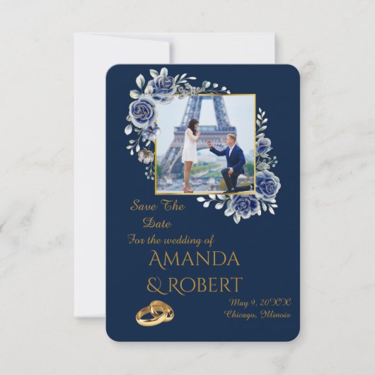 Elegant Navy Blue and Gold Floral Photo セーブザデート (正面)