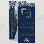 Elegant Navy Blue and Gold Floral Wedding MenuCard メニュー (正面/裏面)