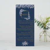 Elegant Navy Blue and Gold Floral Wedding MenuCard メニュー (スタンド正面)