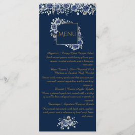 Elegant Navy Blue and Gold Floral Wedding MenuCard メニュー