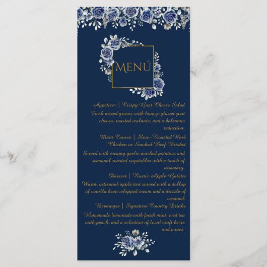 Elegant Navy Blue and Gold Floral Wedding MenuCard メニュー (正面)