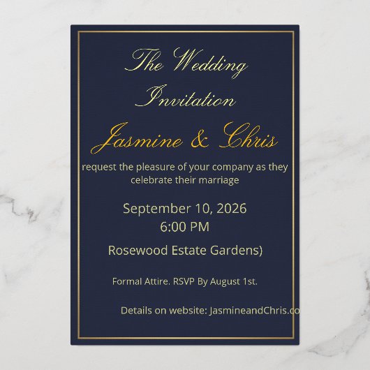 Elegant Navy Blue and Gold Foil Wedding Invitation 箔招待状 (正面)