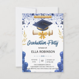 Elegant Navy Blue and Gold Graduation Party  招待状
