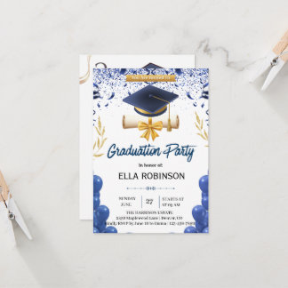 Elegant Navy Blue and Gold Graduation Party  招待状