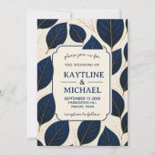 Elegant Navy Blue and Gold Leaf Botanical 招待状 (正面)