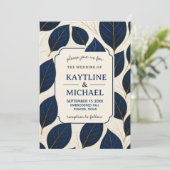Elegant Navy Blue and Gold Leaf Botanical 招待状 (スタンド正面)