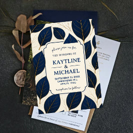 Elegant Navy Blue and Gold Leaf Botanical 招待状