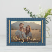 Elegant Navy Blue and Gold Stars Christmas Photo シーズンカード (スタンド正面)