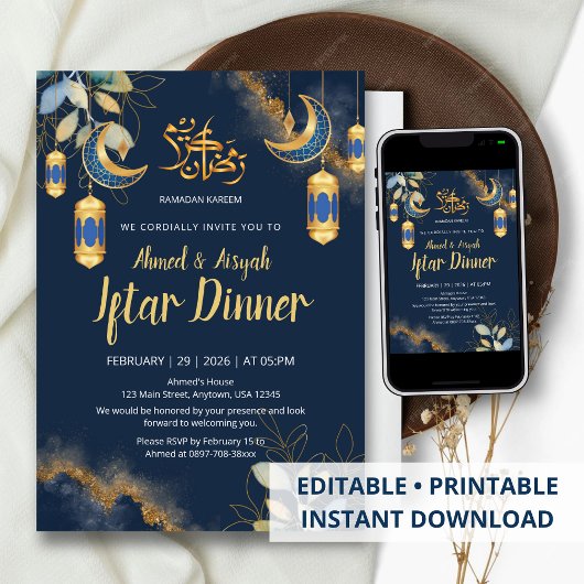 Elegant Navy Blue and Gold Watercolor Iftar 招待状