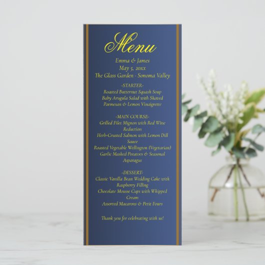 Elegant Navy Blue and Gold Wedding Menu Card メニュー (スタンド正面)